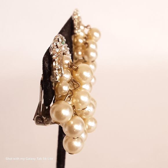 Clear Rhinestone Crowns Over Cascading Pearly Bead Clip Ons - Picture 2 of 8